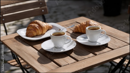 Coffee and Croissants on Wooden Table.