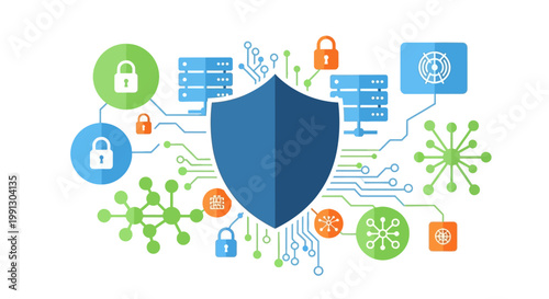 Blue shield with lock icons around.