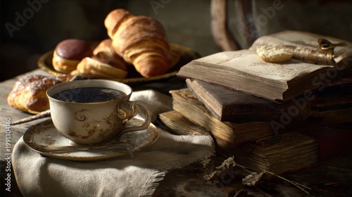 Coffee and Croissants with Book on Table.