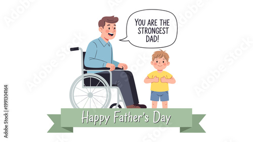 Father's Day Dedication: A tender Father's Day illustration depicts a heartwarming scene: a child praising his father in a wheelchair, illustrating love and gratitude.