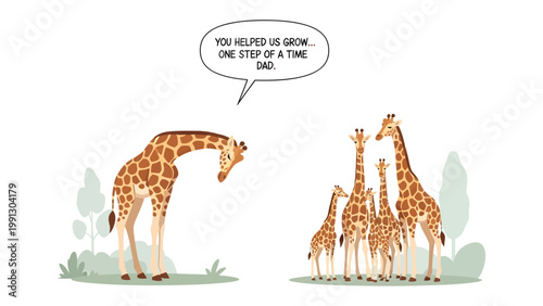A Moment of Gratitude: A heartwarming illustrated scene depicts a tender moment as a giraffe family expresses their appreciation, celebrating the nurturing role of a caring father.