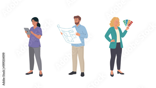 Design and Architecture Professionals with Blueprint, Tablet, and Color Swatches. Creative Team at Work.