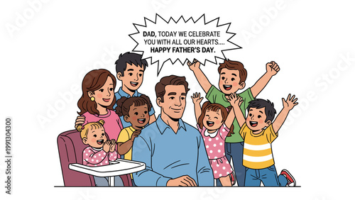 Family Celebration: A loving family celebrates Father's Day, showering the father with affection, creating a heartwarming scene of familial love.