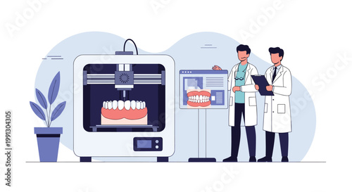 Dental technicians using advanced three-dimensional printing technology to create precise models of human teeth and dentures.