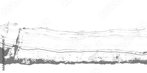Abstract monochrome texture with flowing wavy distortion lines across the top and dense cracked, rocky patterns below, resembling eroded terrain or seismic layers, distressed grunge style background.