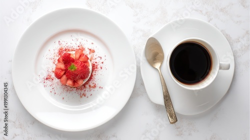 Coffee and Dessert on White Plates.