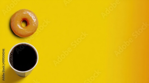 Coffee and Donut on Bright Yellow Background.