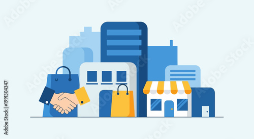 Business handshake with shopping bags nearby.