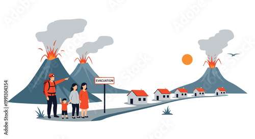 Rescue worker guiding a family toward safety as several volcanoes erupt in the background threatening a small local village.