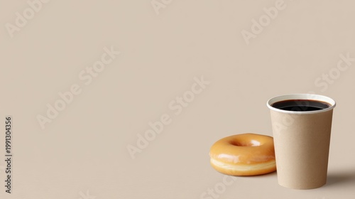 Coffee and Donut on Beige Background.