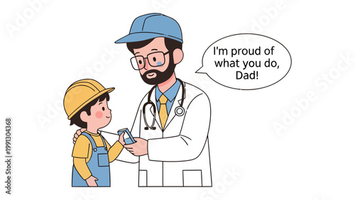 Father's Pride: A touching illustration of a child proudly presenting a token of appreciation to his doctor father, a symbol of admiration and paternal pride. 