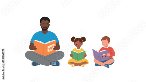 Diverse Group Reading Books Together. Education, Literacy, and Family Time Concept Illustration.