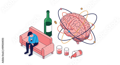 Man suffering from depression and addiction sitting on a sofa next to a large brain and bottles representing mental health.