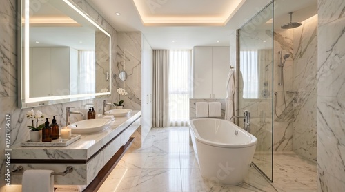 Luxury hotel bathroom with marble tiles and modern design elements  