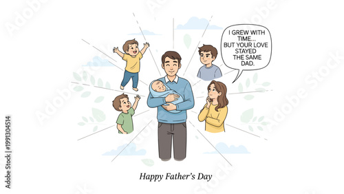 Fatherhood's Embrace: A heartfelt illustration portrays a father's enduring love through the changing seasons of life, surrounded by his cherished children and the tender presence of a mother.