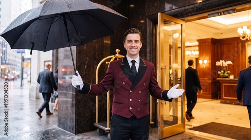 Hotel concierge holding an umbrella and welcoming guests outside entrance  