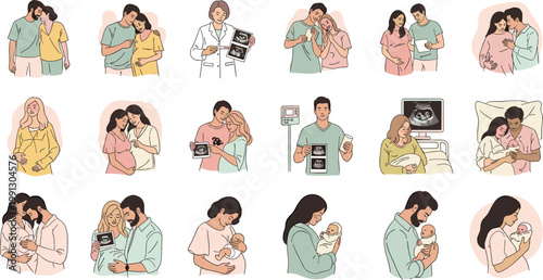 Pregnancy and newborn family vector collection with parents ultrasound baby care and motherhood lifestyle illustration set