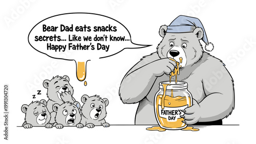 Bear Father's Day Secret: An endearing cartoon portrays a bear father, donning a nightcap, secretly indulging in honey while his cubs look on with a mixture of surprise and amusement.