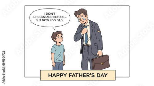 Father's Day Sentiment: An illustration portrays a heartwarming Father's Day scene with a child expressing understanding to their emotional father. 