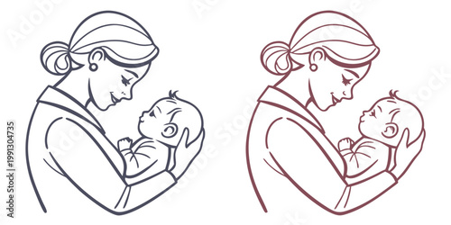 Loving mother holding newborn baby line art vector illustration with maternity parenting maternal devotion portrait illustration minimalist happiness affection together connection womanhood