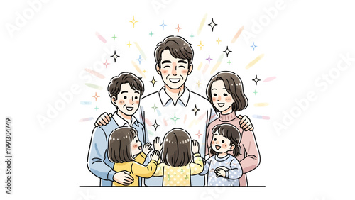 Family Portrait of Joy: A heart-warming illustration of a family radiating happiness. The scene evokes a sense of unity, love, and togetherness, perfect for representing familial bonds.