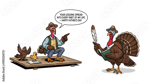 Father's Day Cartoon with Turkeys: A charming cartoon depicts two turkeys in a heartwarming Father's Day scene, with one turkey imparting lessons to a smaller bird and the other reading from a book.