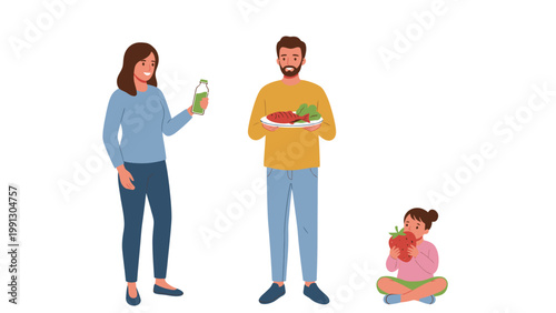 Healthy Family Eating. Cartoon parents and child enjoying nutritious food, drinks, and snacks for a balanced lifestyle.