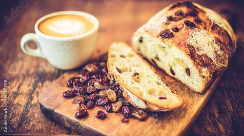 Coffee and Fruitcake on Wooden Board.