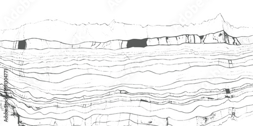 Abstract monochrome texture with flowing wavy distortion lines across the top and dense cracked, rocky patterns below, resembling eroded terrain or seismic layers, distressed grunge style background.