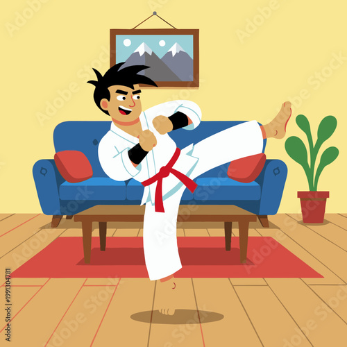 Karate Practice at Home Young Man in White Gi with Red Belt Doing a Powerful Martial Arts Kick in a Cozy Living Room
