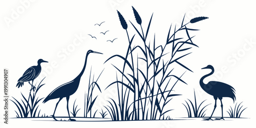 Heron silhouette landscape with reeds and birds silhouette wildlife landscape waterfowl cattails illustration standing minimalist background environment isolated creature