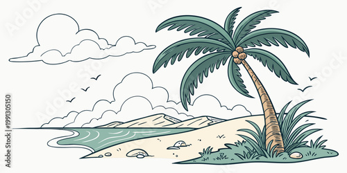 Palm tree on a tropical beach with sand dunes and cumulus clouds illustration tropical vacation coastline landscape paradise relaxation environment illustration relaxing peaceful seascape