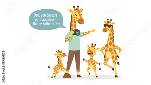 Giraffe Family's Father's Day Photo: A charming, digitally illustrated giraffe family celebrates Father's Day with a fun photo session, capturing a heartwarming moment of togetherness and love.
