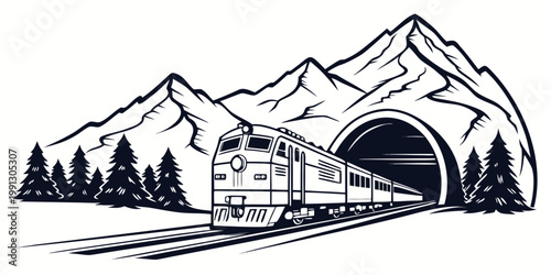 Locomotive train entering mountain tunnel graphic illustration with locomotive mountain transport railroad traveling landscape adventure transportation mountainous illustration silhouette