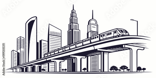 Modern city skyline illustration with elevated passenger train on rail bridge transportation architecture buildings metropolis infrastructure commuter skyscrapers monorail illustration