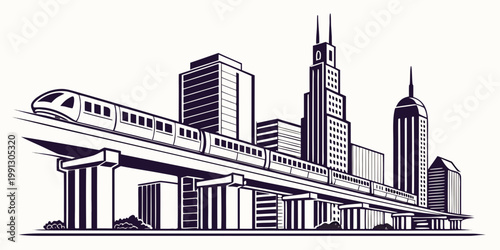 Vector illustration of commuter train traveling on elevated rail tracks in city with transport architecture buildings skyscrapers metropolis commuter monorail infrastructure illustration