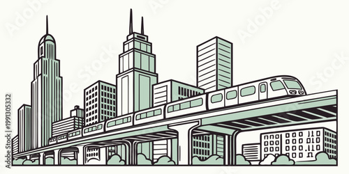 Urban landscape illustration featuring skyscraper buildings and elevated metro train transport buildings skyscrapers architecture metropolis commuter monorail infrastructure illustration