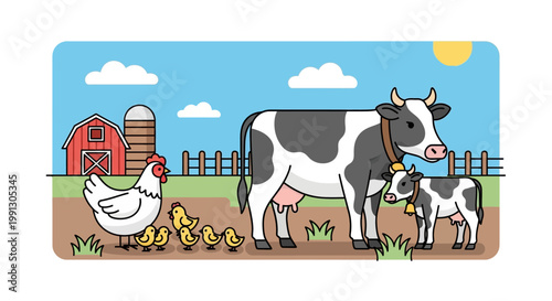 Cartoon cow and calf with a chicken and chicks standing together.