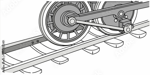 Detailed illustration of a vintage train wheel assembly on steel railway tracks with rail car railroad mechanical transport locomotive industry engineering transportation component technology