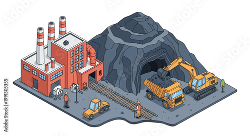 Industrial mining site with a large excavator loading a dump truck next to a processing factory and train tracks in isometric view.