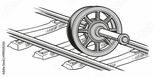 Stylized illustration of a single train wheel running on metal railway tracks with rail car railroad transport mechanical industry engineering transportation technology machinery illustration