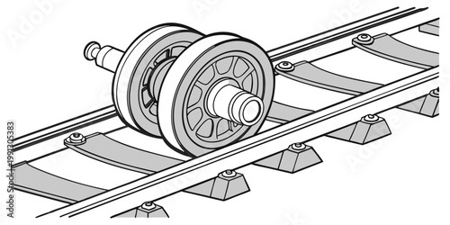 Black and white illustration of train wheels on railroad tracks with railroad locomotive transportation illustration engineering mechanical commuter infrastructure industrial carriage