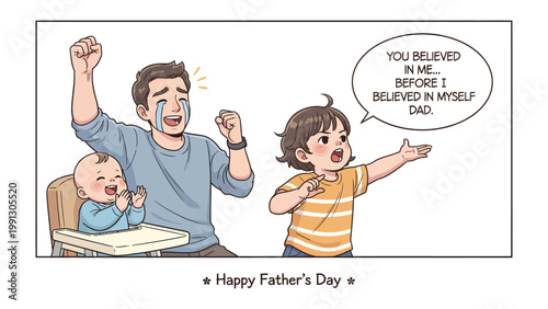 Father's Day Dedication: A heartwarming scene unfolds, depicting a father's tender moment with his children, as a toddler expresses gratitude and the baby applauds the joy of the moment. 