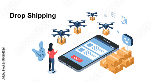 Modern drop shipping and drone delivery concept showing packages arriving from an online shop via a smartphone application.