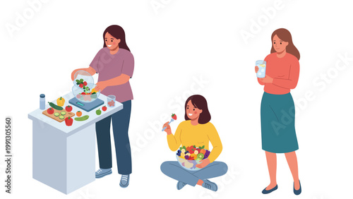 Women's Healthy Lifestyle & Nutrition: Preparing Meals, Enjoying Fruits, and Hydrating. Wellness Concept Illustration.