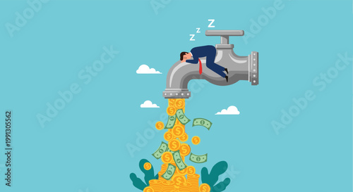 Businessman sleeping on a giant water faucet while a stream of gold coins and dollar bills pour out representing passive income.