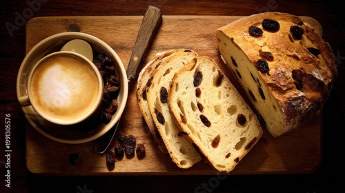 Coffee and Panettone on Wooden Board.