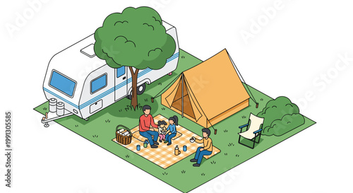 Happy family enjoys a summer camping trip with a white caravan and a yellow tent under a large tree on a green lawn.