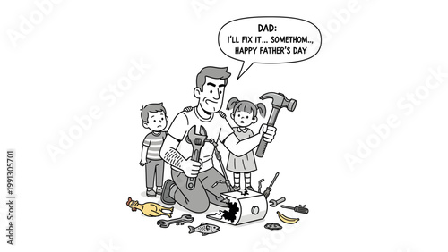 Father's Day Fix-It: A humorous father's day illustration depicting a father surrounded by his children as he attempts to fix something.