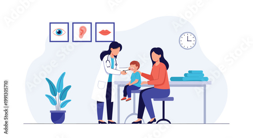 Female pediatrician conducts a medical checkup on a young boy sitting on an examination table with his mother in a clinic.